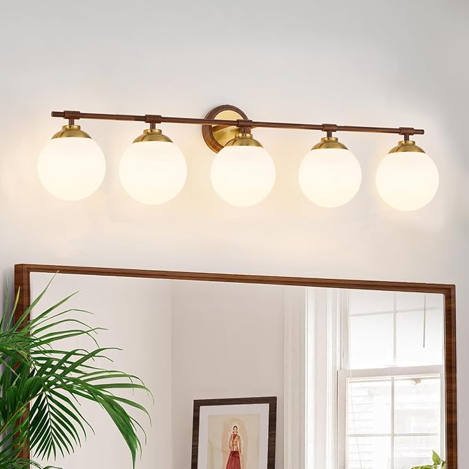 Rayogale Walnut Bathroom Light Fixtures, ETL 5 Lights Vanity Lights Over Mirror with Milk Glass Soft Lighting 41 Inch Bathroom Sconces(Exclude E26 Bulb)