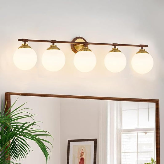 Rayogale Walnut Bathroom Light Fixtures, ETL 5 Lights Vanity Lights Over Mirror with Milk Glass Soft Lighting 41 Inch Bathroom Sconces(Exclude E26 Bulb)