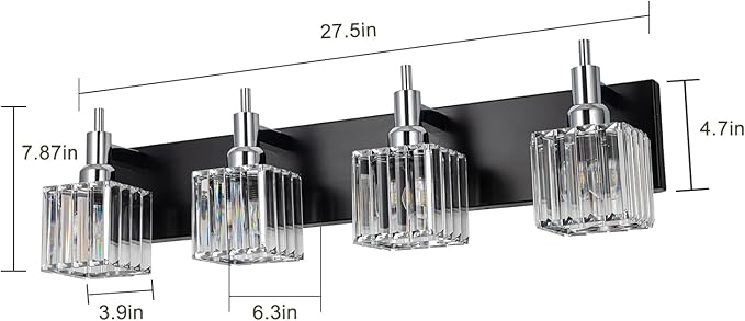 Black Chrome Bathroom Vanity Lights, Modern 4 Lights Crystal Bathroom Lighting Fixtures Over Mirror Crystal Wall Light with Square Shade