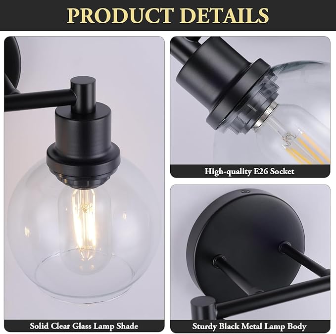 Bathroom Vanity Light 2 Light, Black Bathroom Light Fixtures with Clear Globe Glass Shade, Matted Black Wall Sconce Over Mirror for Kitchen, Living Room