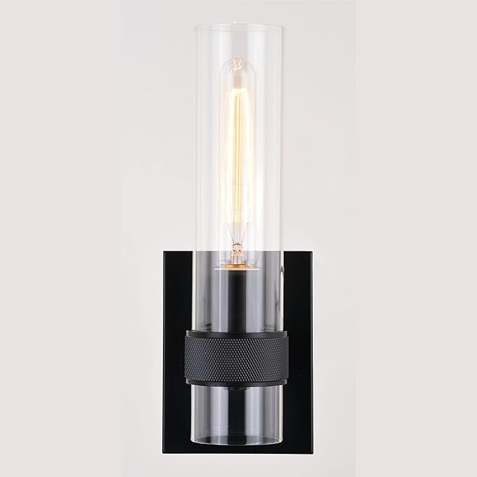 VAXCEL Bari 1 Light Matte Black Contemporary Wall Sconce with Clear Cylinder Glass