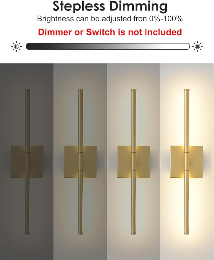 KARTOOSH 20.4 Inch Hardwired Wall Sconces Set of Two, 3000K Warm White Dimmable Modern Wall Sconces, 350° Rotate LED Light Fixtures Wall Lamp for Bathroom Living Room Bedroom Bedside, Gold