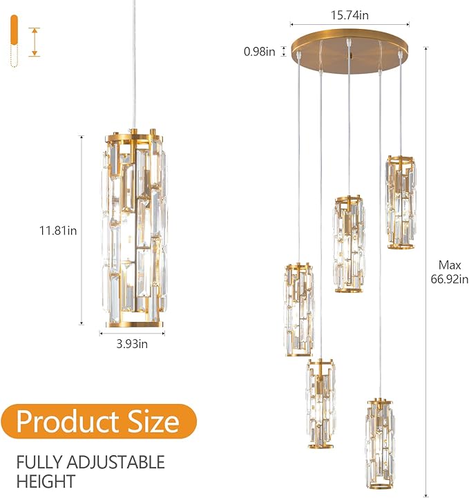 LMQNINE Pendant Light, Gold Modern Pendant Light Fixtures, Mini Crystal Chandeliers, Adjustable 5-Light Pendant Lighting for Kitchen Island Dinning Room Bedroom (Gold 5-Light)