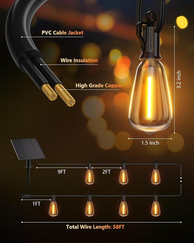 Brightown 58FT Solar String Lights Outdoor Waterproof with Remote, 25+1 LED Shatterproof Bulbs, Dimmable & Timable, 3 Light Modes - Commercial Grade Patio Lights for Garden Backyard Party Decor