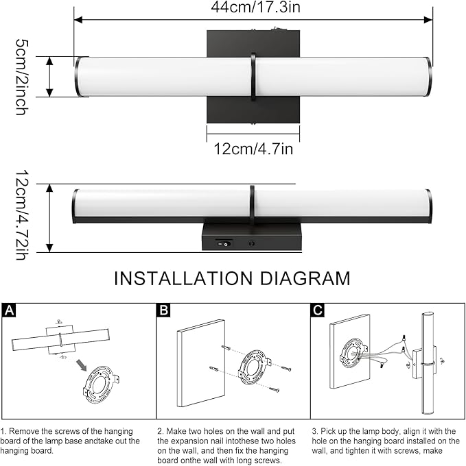 OOWOLF 17.3Inch Modern Black Vanity Light Fixture with Switch, 12W 5000K Led Bathroom Light Fixture Over Mirror, Hardwired Wall Light, 1200LM Vanity Light Bar for Mirror Bedroom Hallway Living Room