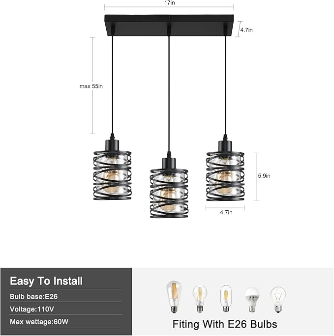 3 Light Pendant Lights Kitchen Island Black Pendant Light Fixtures Spiral Iron Kitchen Island Lighting with Clear Glass Shade Adjustable Hanging Light Fixtures