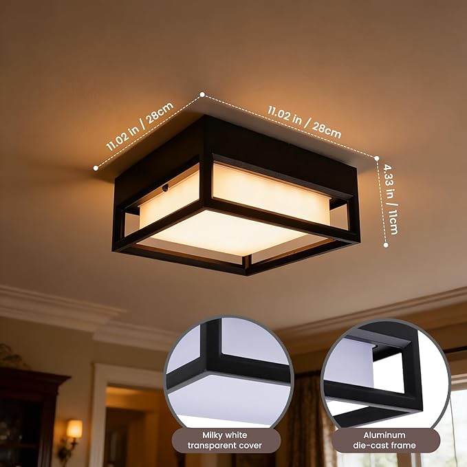 Out/Indoor Flush Mount Ceiling Light, Square Flush Mount Outdoor LED, Pendant Mounted Light, Ceiling Light Fixture, LED 20W, 2000 Lumen 3000K, Suitable for Wet Location(11inch)