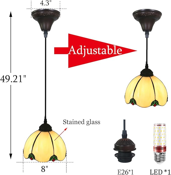 Tiffany Style Small Hanging Lamp, 8” Wide Stained Glass Pendant Lights, Antique Hanging Ceiling Lights for Kitchen Dining Room Hallway