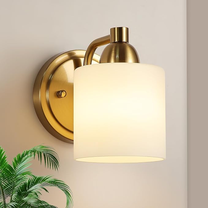 Mecgirn Gold Milk Glass Wall Sconces, 1 Pack Hardwired Indoor Wall Light Fixtures for Living Room, Hallway, Bedroom, Ceramic E26 Sockets (Bulbs Not Included)
