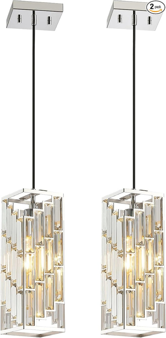 Chrome Pendant Lights Kitchen Island 2 Pack, Adjustable Modern Pendant Light Fixtures, Mini Crystal Chandeliers for Dining Room Bedroom Foyer Hallway
