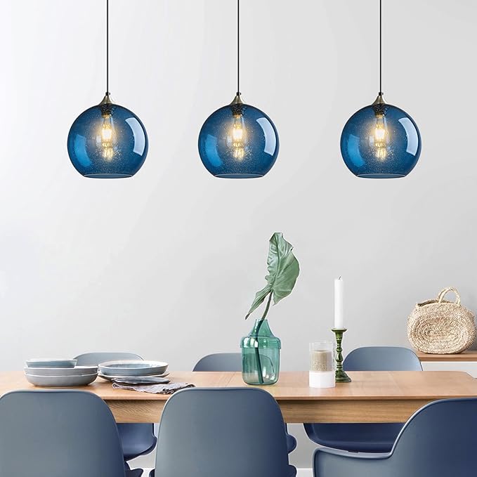 Modern 3-Pack Glass Globe Pendant Lights, Blue Modern Pendant Lighting for Kitchen Island, Clear Glass Hanging Lamps for Dining Room Living Room Bedroom, Large 9.85 Inch Fixture (Bulbs Not Included)