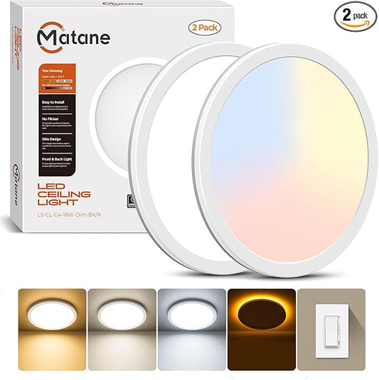 Matane 2Pack Dimmable Flush Mount Ceiling Light Fixture with Night Light, 18W 3000K/4000K/5000K Selectable, LED Low Profile Ceiling Lights for Kitchen Bedroom Hallway, 8.7inch White Round
