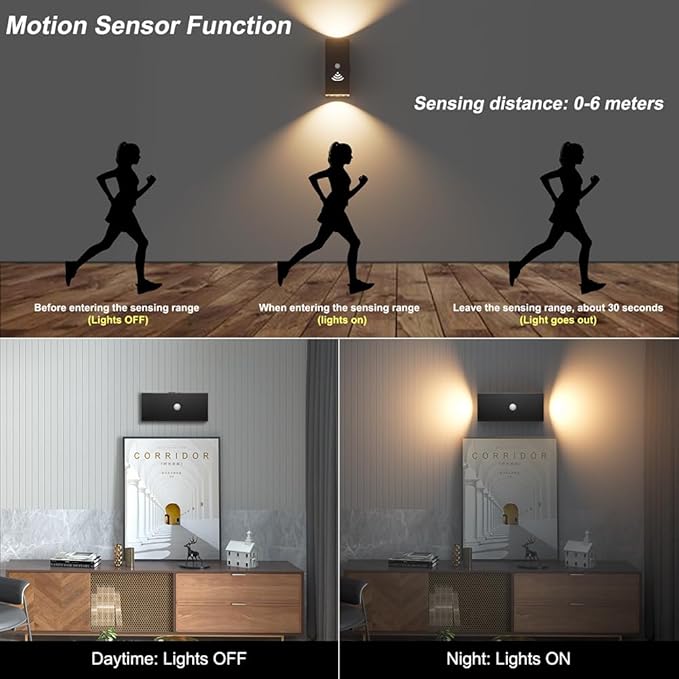 Aipsun Black Battery Operated Wall Sconces 2 Packs with Motion Sensor, Rechargeable Black LED Wall Lighting, Wireless Indoor Aluminum Wall Lights for Living Room, Hallway, Bedroom