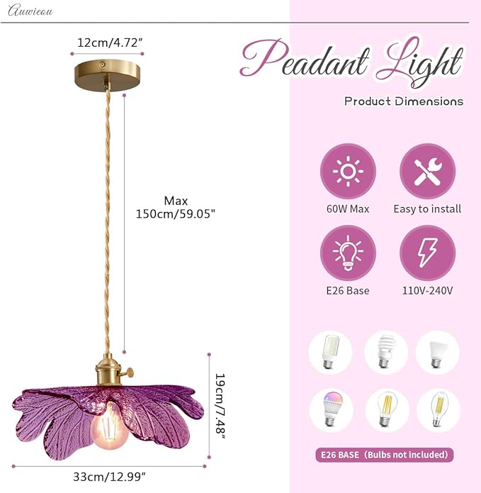 Mid Century Pendant Light with Purple Glass Flower Shade Vintage Hanging Light in Brushed Brass, Gold Adjustable Ceiling Lighting for Kitchen Island, Dining Room, Bedroom