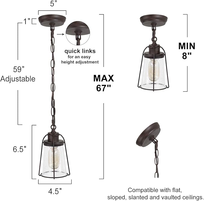 KSANA Farmhouse Pendant Lighting, Mini Rustic Hanging Light Fixture with Seeded Glass Shade for Kitchen Island, Foyer, Hallway, Bedroom and Entryway, Bronze