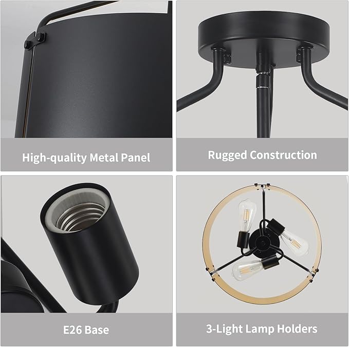 Semi Flush Mount Ceiling Light Fixture,Drum Black and Gold Chandelier Light Fixture,16''Bedroom Ceiling Lights,3-Light Kitchen Lighting Fixtures Ceiling for Farmhouse Hallway Porch Entryway