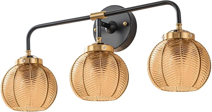 3 Light Glass Globe Wall Sconce Lights Amber Mid Century Modern Wall Light Fixtures Bathroom Vanity Lights with Ribbed Glass Shade Black Gold Wall Mount Lamp Over Mirror Bedroom
