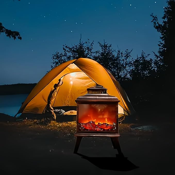 Simulated LED Fireplace Lantern USB & Battery Powered Flameless Light with Emulation Flame Table Decorative Lamp Copper Fireplace Ornament for Cozy Home Decor Free Standing Electric Log Burner