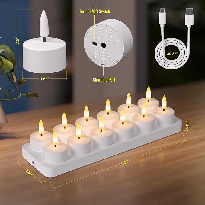 Rechargeable Flameless Tea Lights Candles with Charging Station,LED Tea Lights Candles with Remote Control Timer for Valentine's Day,Centerpiece Table Decorations,Anniversary,Home Decor,12-Pack
