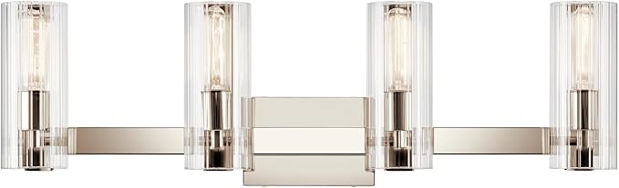 Kichler Jemsa 4-Light Bathroom Vanity Light Fixture with Clear Fluted Glass in Polished Nickel, Modern Wall Mount Light for Bathroom Over Mirror (9.75" x 32"), 55169PN