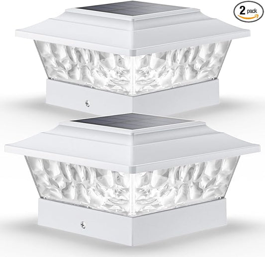 SIEDiNLAR Solar Post Lights Outdoor 12 LEDs 4 Modes Post Cap Light for 4x4 5x5 6x6 Wooden Vinyl Fence Deck Posts Patio Garden Decor, Warm/Cool White Dynamic Lighting (2 Pack, White)