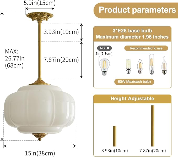 15In Milk Glass Pendant Light Adjustable Height Semi Flush Mount Pendant Light Fixture Mid Century Vintage Ceiling Light for Kitchen Dining Room Bedroom Hallway and Schoolhouse(White)