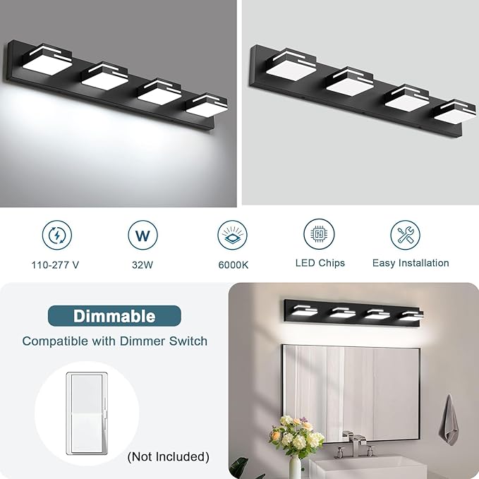 LED Modern Bathroom Vanity Light Fixtures, 4-Light 28-inch Dimmable Matte Black Vanity Lights for Bathroom Lighting Fixtures Over Mirror, with 360° Rotatable Acrylic Heads (Cool White 6000K)