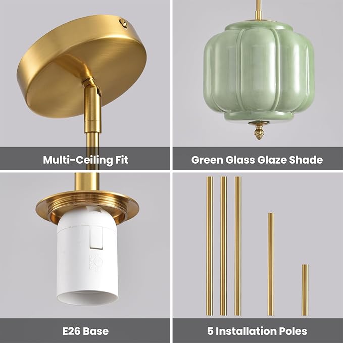 Vintage Green Glass Pendant Lights 9.8 Inch Mid Century Modern Hanging Ceiling Light, Adjustable Height Kitchen Island Hanging Lights for Dining Room, Kitchen, Hallway and Bedroom, E26 Base
