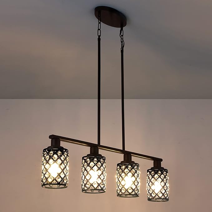 Dining Room Light Fixture Over Table,4-Light Island Lights for Kitchen,Black Pendant Lights Kitchen lsland Lighting,The Linear Chandelier with K9 Crystal and Black Grids Shade