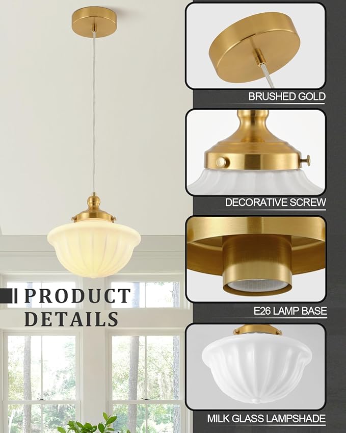 Schoolhouse Milk White Glass Pendant Light,9" Adjustable Hanging Pendant Light, Gold Mid Century Light Fixtures for Bedroom Diningroom Hallway Entryway
