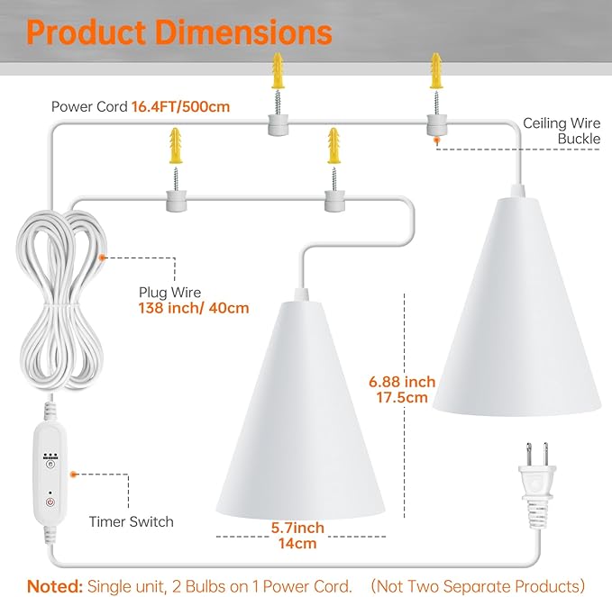 Bstrip Hanging Grow Lights for Indoor Plants, Two Head One Cord, 50W Full Spectrum Hanging Plant Light with Timer, 5000K Daylight White Pendant Grow Light for Garden, Flowers, Succulents Growing