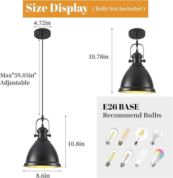 Farmhouse Pendant Lights Kitchen Island, 8.6 inches Matte Black Pendant Light Fixtures, Modern Kitchen Pendant Lighting, Industrial Light Fixture for Kitchen Island Dining Room, 1 Pack