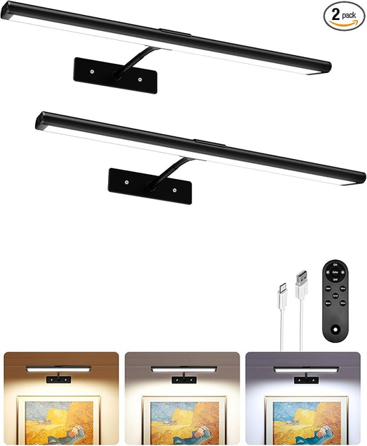 EZVALO Picture Light for Wall, 16'' Black Rechargeable 4800mAh Battery Lights Wireless Remote, Dimmable Magnetic LED Art Painting Light with 3 Color Temperatures, Display for Gallery, Living Room(2P)