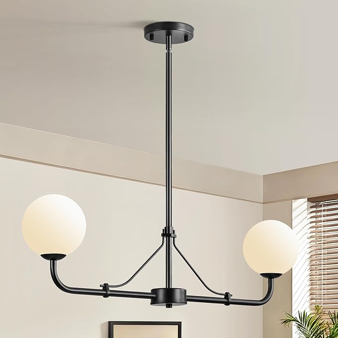 Klgxnrd 2 Lights Black Linear Chandelier, Mid Century Modern Kitchen Island Lighting, Dining Room Light Fixtures Over Table Hanging, Milk White Globe Glass Shade