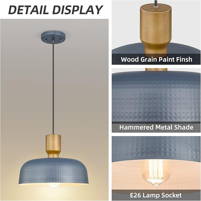 Darkaway Pendant Light Fixtures Ceiling Hanging with Hammered Metal Shade, Modern Pendant Light for Kitchen Island Lighting Hanging Lamp Adjustable Height, Medium