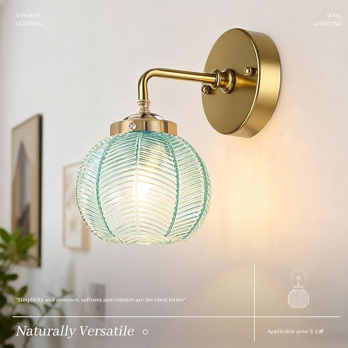 Vintage Wall Sconce Gold Bathroom Vanity Light Hand Blown 1-Light Globe Wall Sconce Indoor Wall Light with Blue Glass Shade Mid Century Modern Wall Lighting for Bedroom Hallway Living Room