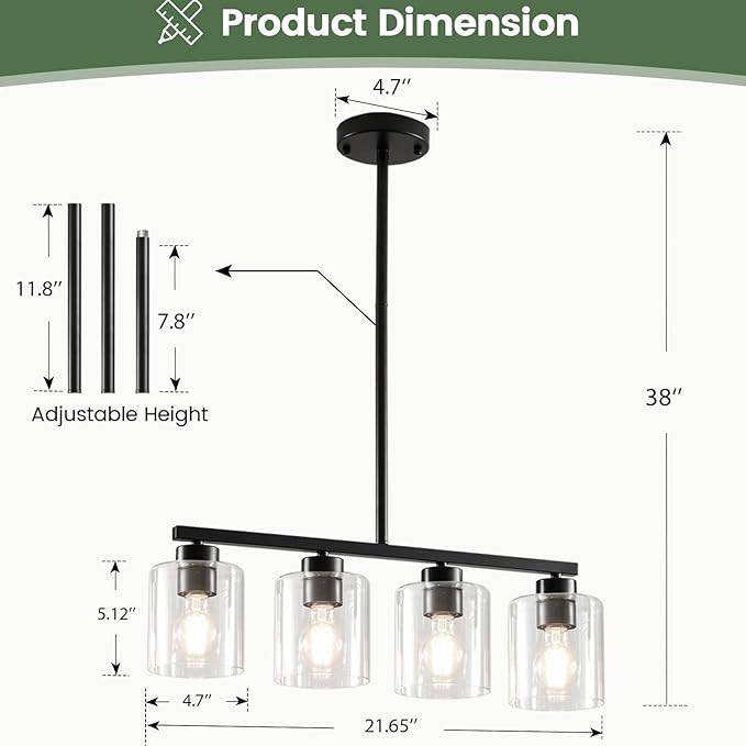 4-Light Kitchen Island Lighting, Black Pendant Light Fixture, Farmhouse Dining Room Light Fixtures Over Table, Modern Hanging Light Fixtures with Clear Glass, E26 Base, Bulbs Not Included