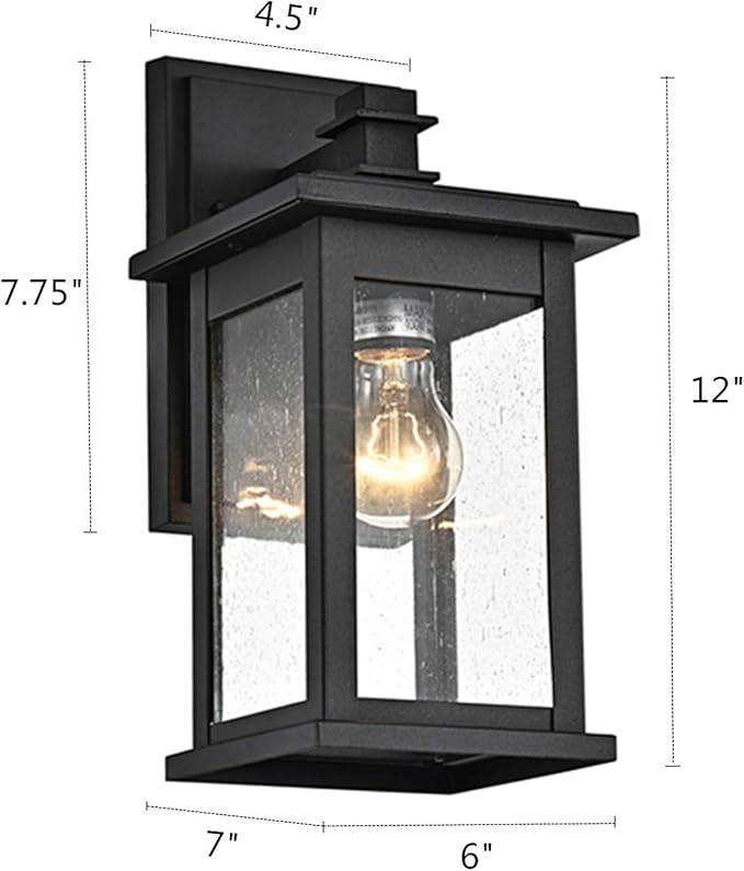 MICSIU 2-Pack Black Outdoor Wall Sconce, 12-Inch Modern Square Exterior Light Fixtures with Clear Seedy Glass, Anti-Rust Waterproof Outside Wall Mount Lantern for House, Porch, Garage, E26 Base