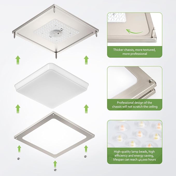 Square Flushmount Ceiling Light - 36W 3000K/3500K/4000K/5000K/6000K Dimmable Bright Led Light for Bathroom Bedroom Kitchen Hallway (2 Pack Brushed Nickel (5CCT), 12 Inch)
