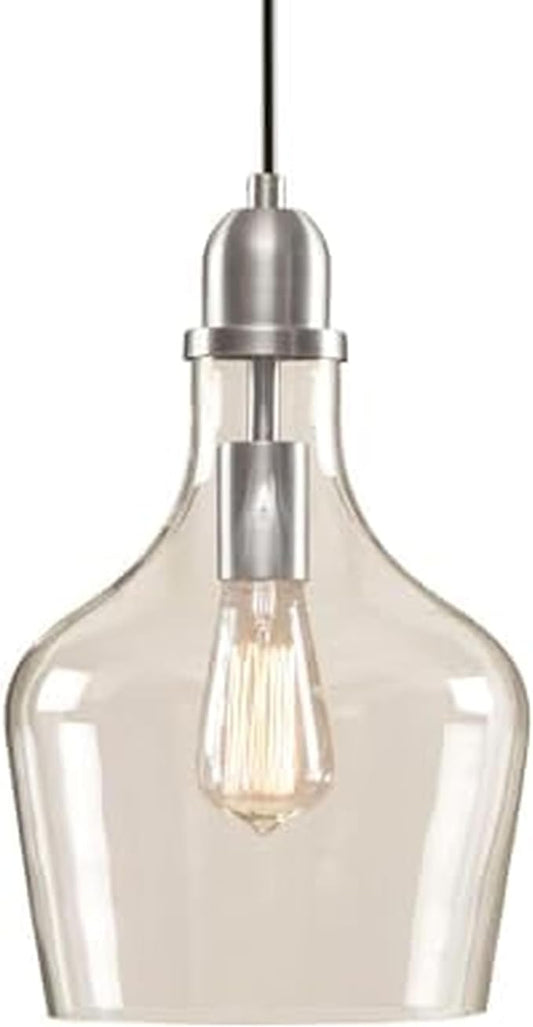 INK+IVY Auburn Pendant Kitchen Lighting for Dining Room, Industrial Lights, Hand-blown Glass Bell Shaped Pendant Light for Kitchen Island, Foyer, Bedroom, 9" Dia x 95.5" H, Silver/Clear