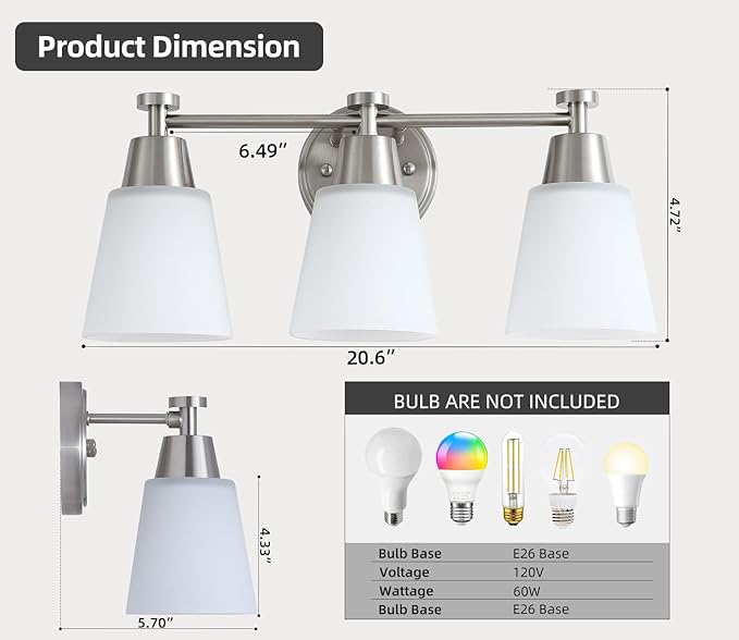 3-Light Bathroom Vanity Light, Brushed Nickel Finish with Milk Glass Shades, Over Mirror, for Bathroom Vanity