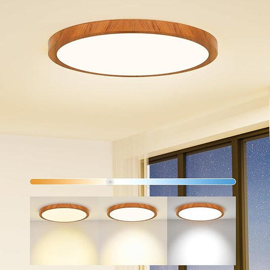 Light Fixtures Ceiling Mount: 12 Inch 24W Wood Grain LED Ceiling Light 3000K-4000K-6000K Selectable Flat Low Profile Round Ceiling Lights for Bedroom Laundry Closet Hallway - Walnut