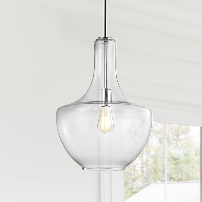 JONATHAN Y 13.25" Chrome/Clear Mid-Century Modern 1-Light LED Pendant Light Fixture, Adjustable Schoolhouse Hanging Lamp for Kitchen Island, Clear Glass Shade, LED Bulb Included (JYL6401A)