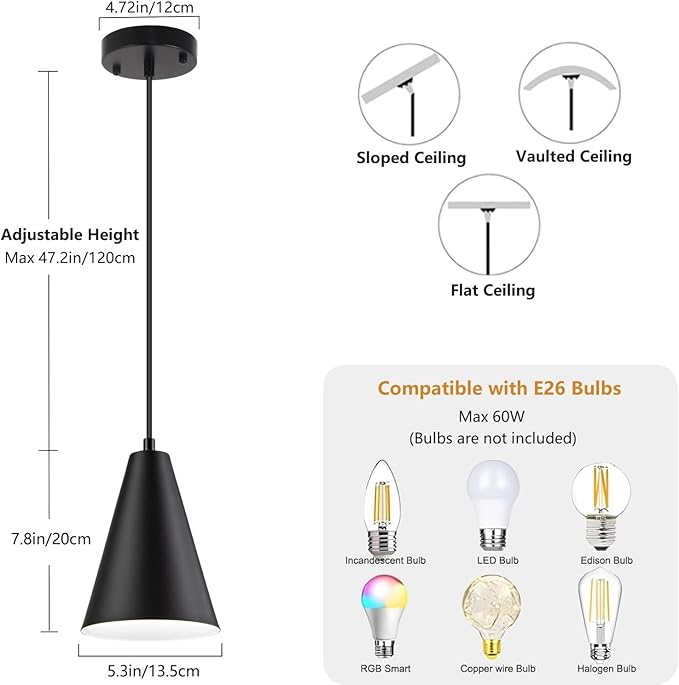 Black Pendant Lights, 3 Pack Industrial Metal Hanging Lamp Modern Vintage Farmhouse Pendant Lighting Fixtures for Kitchen Island Dining Room Bedroom