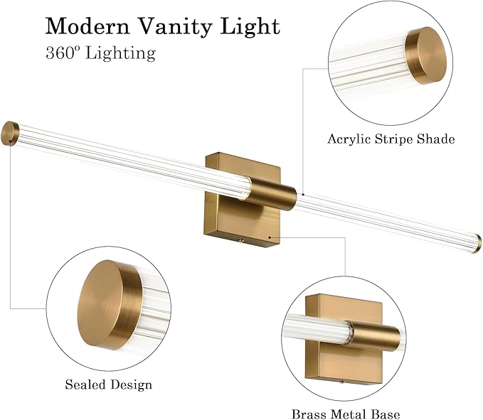 Modern LED Vanity Light, 360° Full Lighting Bathroom Light Fixture Over Mirror, 28W 5500K Cool White, Hardwired Wall Sconce, 31.6 Inch, Brass