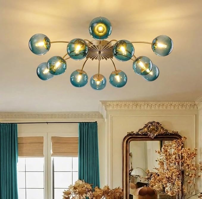 12-Light Bubble Chandelier, Semi Flush Mount Sputnik Ceiling Light Fixture with Glass Globes, Brass Finish Modern Blue Chandelier for Dining Room, Living Room, Entryway (Blue, 12 Light Ceiling Light)