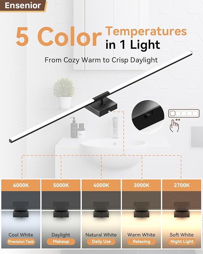 Ensenior Modern Bathroom Vanity Light 48 inch, Built-in Dimmer, 28W Dimmable 5CCT Led Bath Lights, Black Bar Vanity Lights for Bathroom Mirror Cabinets Bedroom-FCC & ETL Certificated