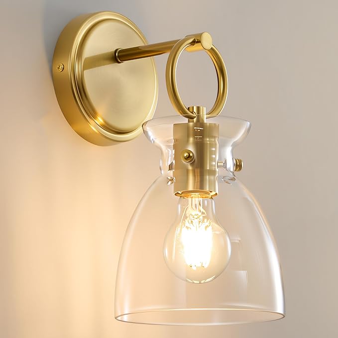 Gold Wall Sconce 1-Light Hardwired Wall Mount Modern Farmhouse Vanity Light Fixtures with 6 Inch Clear Glass Shade, Wall Lights for Bathroom, Bedroom, Living Room, Mirror, Kitchen, 1 Pack