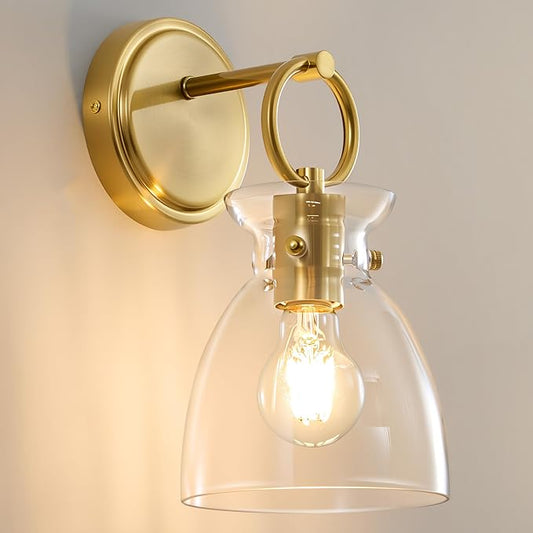 Gold Wall Sconce 1-Light Hardwired Wall Mount Modern Farmhouse Vanity Light Fixtures with 6 Inch Clear Glass Shade, Wall Lights for Bathroom, Bedroom, Living Room, Mirror, Kitchen, 1 Pack