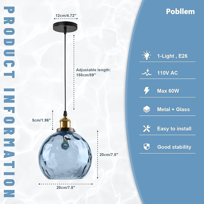 Modern Pendant Lights Kitchen Island, Hand Blown Glass Hanging Kitchen Lights with 7.8" Blue Hammered Globe, 1-Light Island Pendant Lights for Kitchen Dining Room Bathroom Bedroom